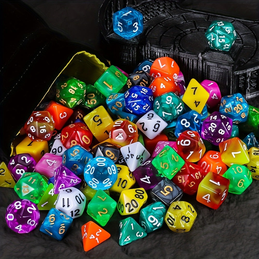 Fifteen-Set Polyhedral Dice Collection with 105 Pieces, Seven Die Shapes and Black Drawstring Storage Bag