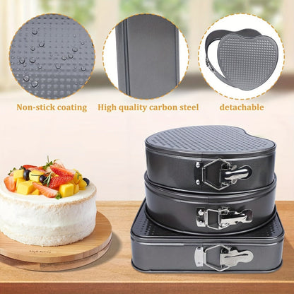 Springform Cake Pan Set 6pcs 7 8 9 10 11 Inch Heart Round Square Nonstick Leakproof Removable Bottom Carbon Steel Bakeware for Cheesecake Mousse Honeycomb Birthday Wedding Cake