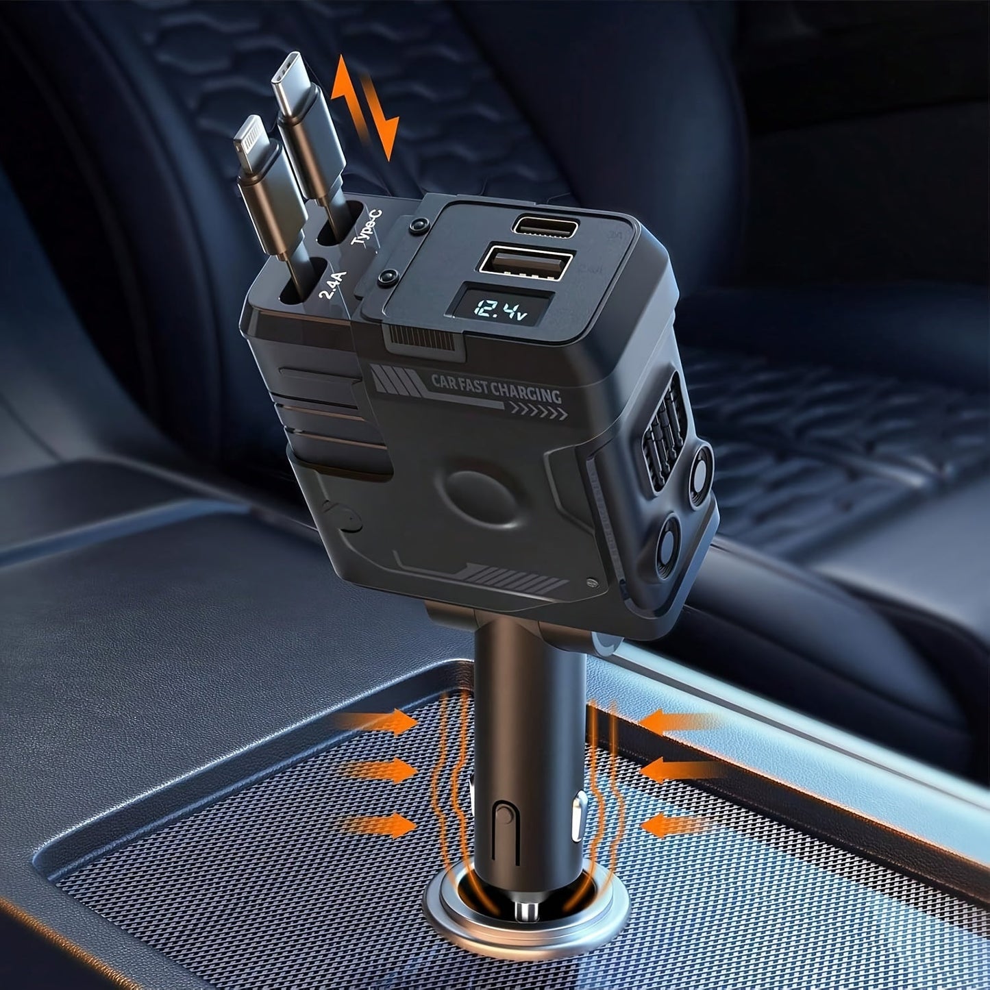 120W Fast Car Charger 4-in-1 with Retractable PD 3.0 Type-C Cable & Multi-Port USB Adapter – Short Circuit & Overheat Protection for iPhone Samsung Galaxy S25 Ultra Huawei Android, 4 Colors Available