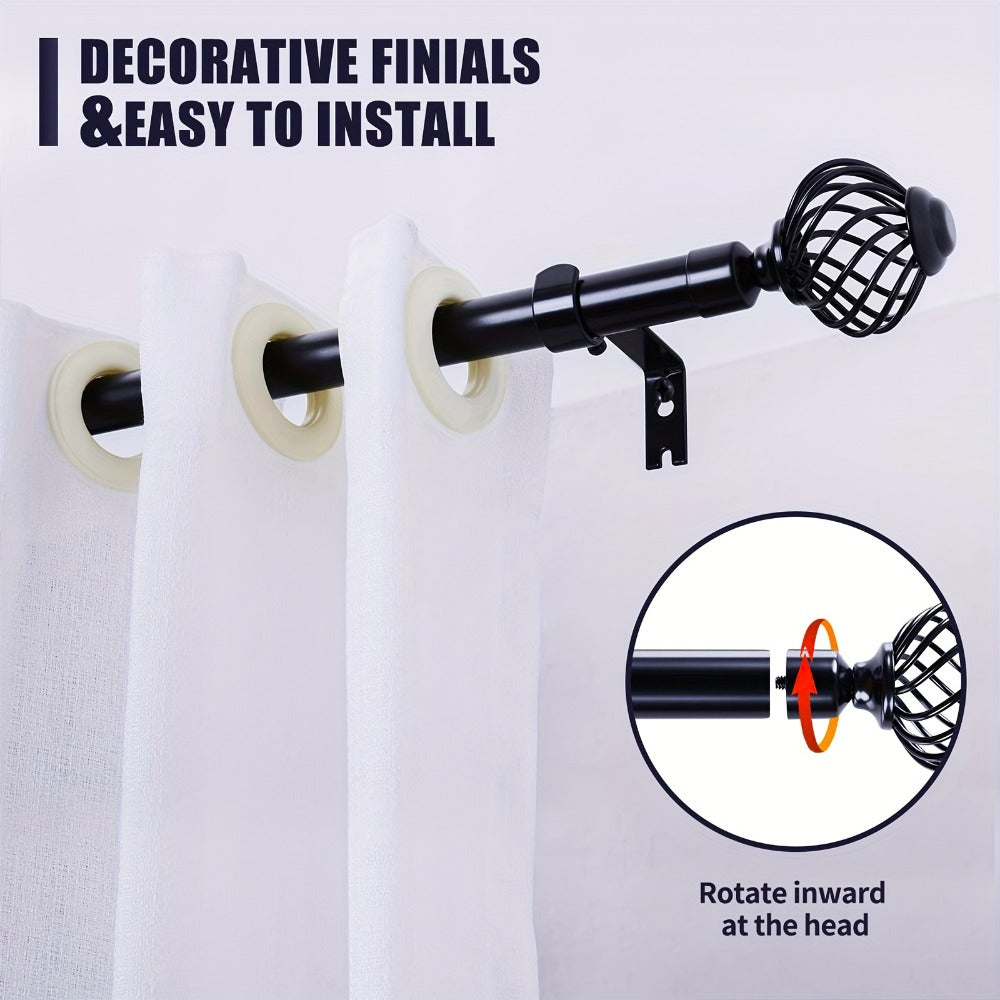 Black Adjustable Curtain Rod with Lattice Finials and Four Length Ranges from 18–32 to 34–152 Inches