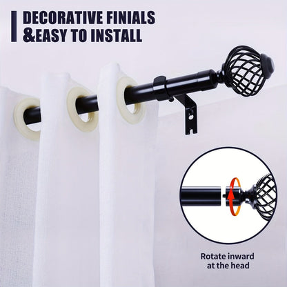 Black Adjustable Curtain Rod with Lattice Finials and Four Length Ranges from 18–32 to 34–152 Inches