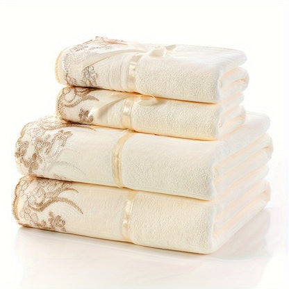Towel Set 4-Piece 350GSM Lace Embroidery Bath and Hand Towels in Four Elegant Colors for Home and Guest Use