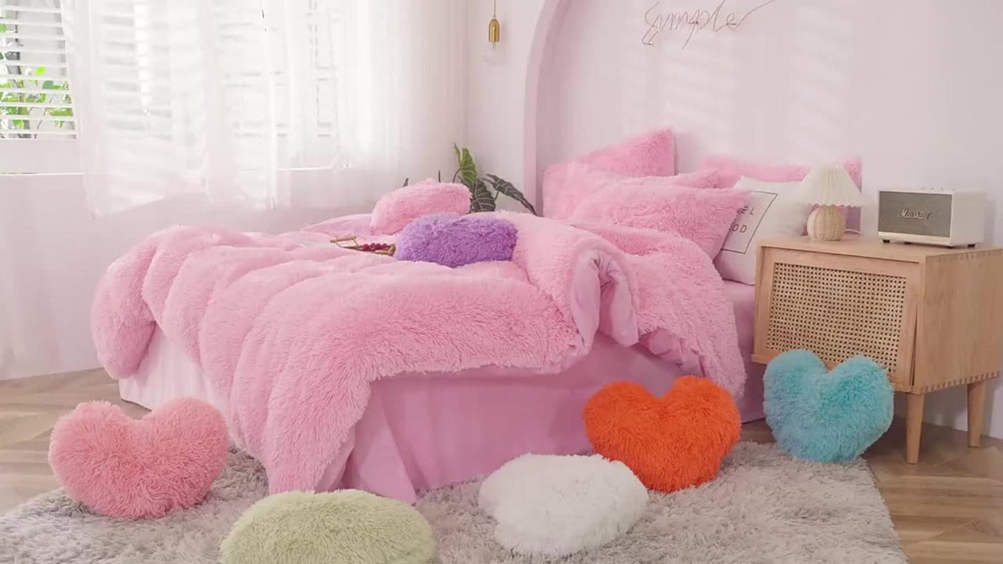 Plush Faux Fur Duvet Cover Set with Heart Pillow, Corner Ties and Twin, Queen or King Sizes in Eight Colors