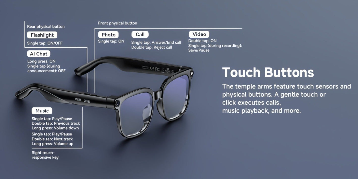 Smart Glasses 8MP Camera Eyewear with Photochromic Lenses, Translation, Object Recognition and Bluetooth Audio