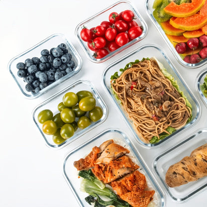 Sixteen-Piece Glass Food Storage Set with Eight Bowls and Eight Lids in Four Color Configurations