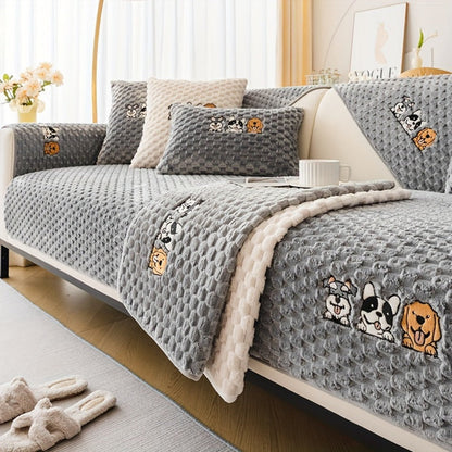 Sofa Cover, Honeycomb Velvet Animal-Embroidered Couch Pad with Non-Slip Backing in Three Colors