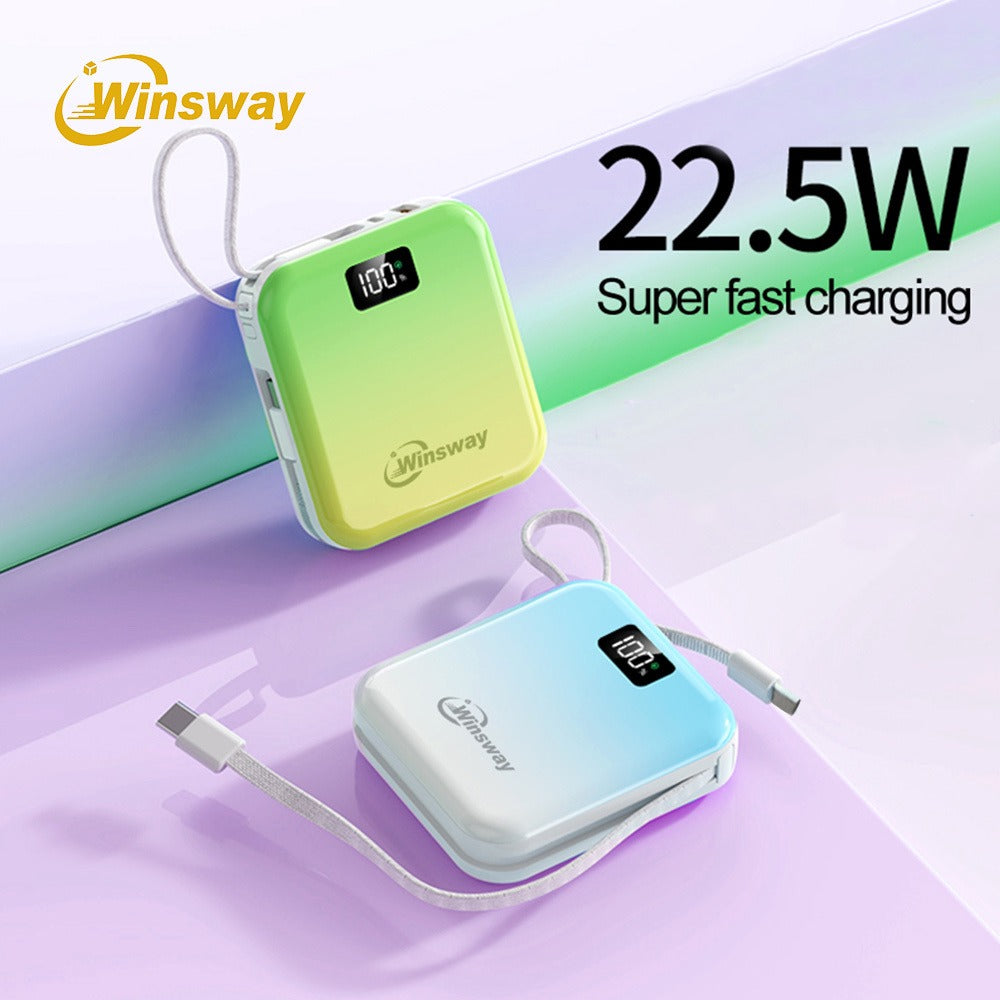 10000mAh Winsway Power Bank with 22.5W Label, Built-In USB-A and USB-C Cables and Gradient Colors