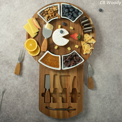 Round 13-Inch Wood-Look Charcuterie Board Set with Four White Bowls, Utensil Drawer and Serving Tools
