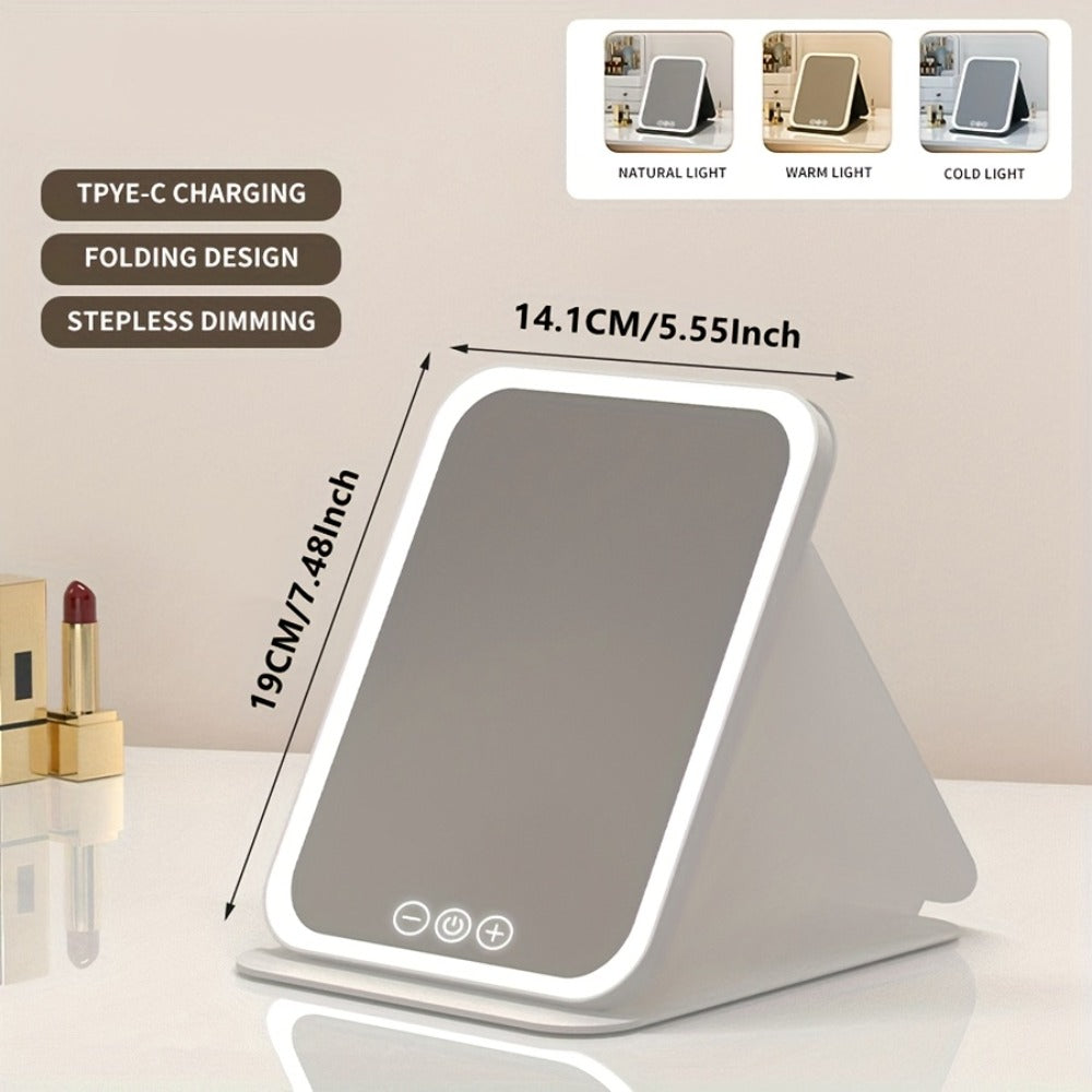 Makeup Mirror Foldable LED Travel Stand with Three Light Colors, Touch Dimming, USB Charging and Pink or White Options