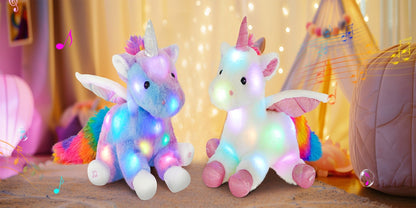 Plush Toy Rainbow Unicorn with LED Glow and Choice of Music or No-Music Light-Up choices for Bedtime