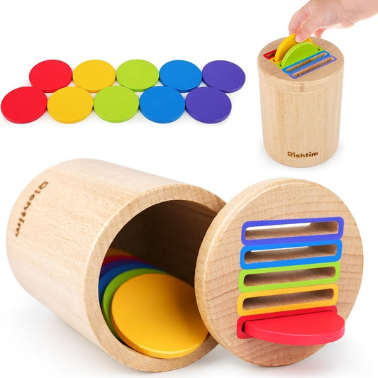 Wooden Color Sorting Coin Box Toy for Toddlers 1+ – Montessori Educational Sensory Learning Toy with 10 Colorful Blocks & Storage Bag, Fine Motor & Hand-Eye Coordination Toy, Christmas Gift for Boys & Girls