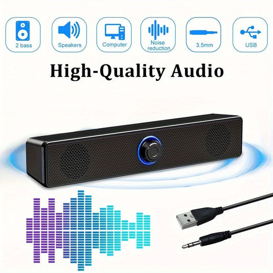 USB Wired Desktop Speaker Bar with 4D Audio Effect & Blue LED - Anti-Magnetic Stereo Sound, 3.5mm AUX Input, Independent Volume Control, for PC Laptop Computer Home Office