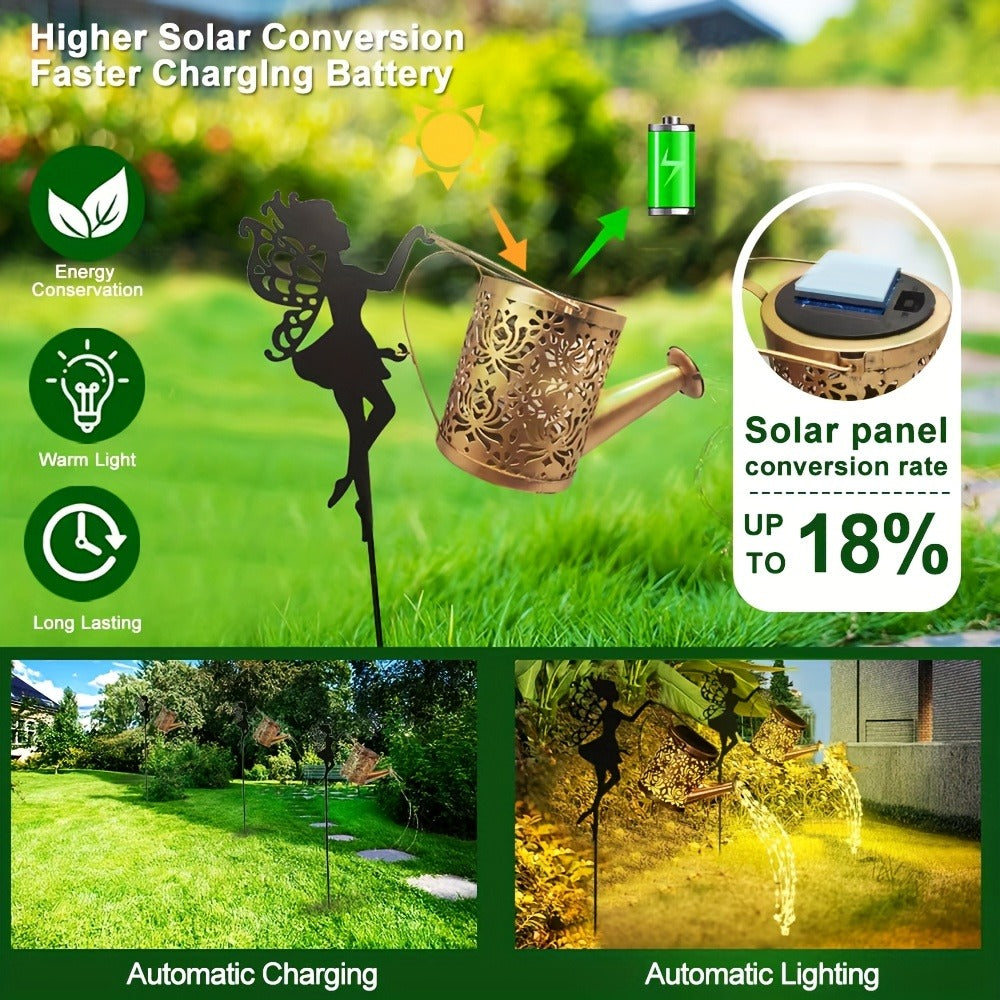 Solar Garden Light Watering Can Stake with 36 LED Waterfall Strands, IP65 Rating and Two Light Options