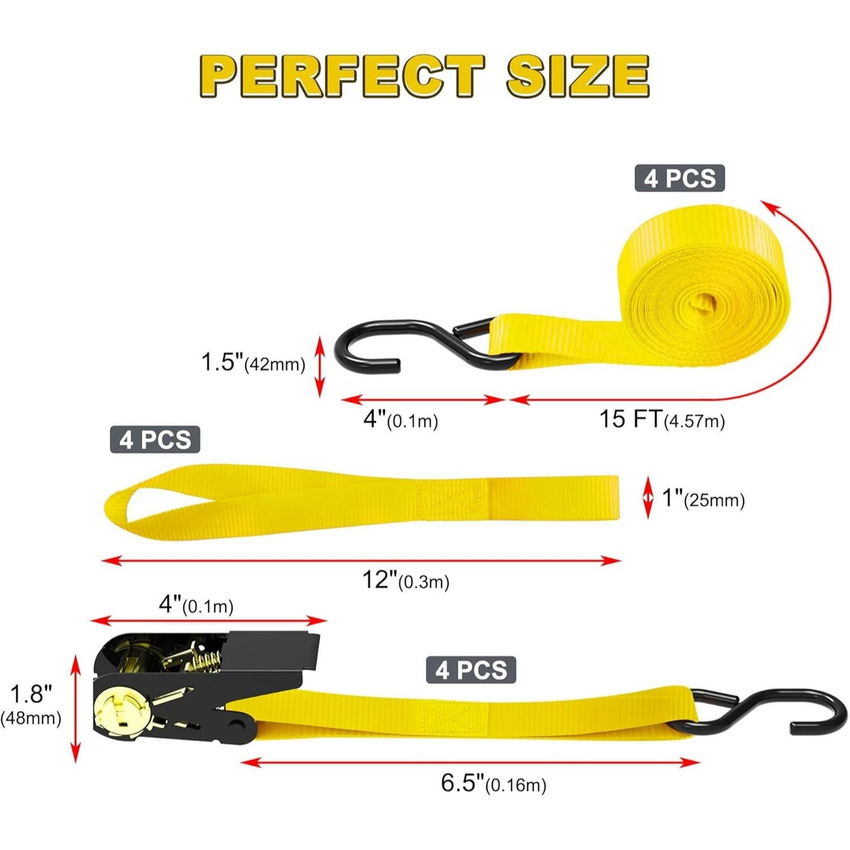 Ratchet Tie Down Straps 4-Pack 15FT 1,500 lb Break Strength Heavy Duty with Soft Loops & Storage Bag – High-Visibility Webbing for Motorcycle ATV Kayak Truck Bed Trailer Roof Rack