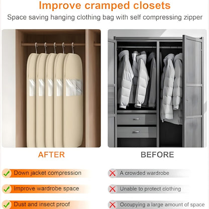 Hanging Garment Bag with Compression Zipper Space Saving Dustproof Clothes Storage Bag with Self Compression Zip Technology for Suits Dresses Coats Closet Wardrobe Organization Beige
