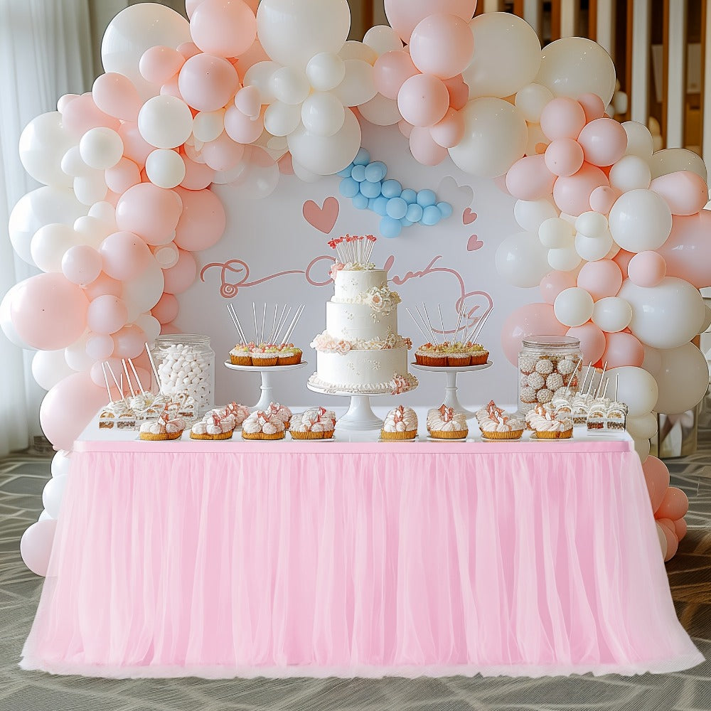 Pink Tutu Table Skirt 6ft – Ruffle Tulle Table Skirt for Rectangle & Round Tables, Princess Girls Birthday Party, Cake Dessert Table Decor, Gold Brim, Multiple Colors Available