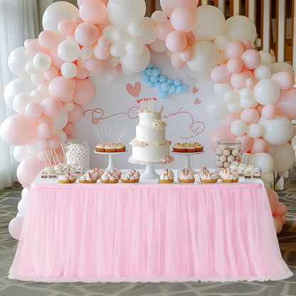 Pink Tutu Table Skirt 6ft – Ruffle Tulle Table Skirt for Rectangle & Round Tables, Princess Girls Birthday Party, Cake Dessert Table Decor, Gold Brim, Multiple Colors Available