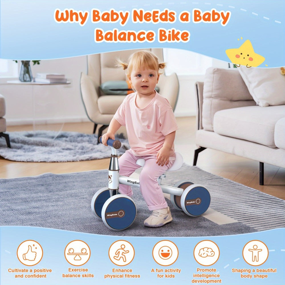 4 Wheel Balance Bike for Baby Toddlers 10-36 Months, First Bike with Adjustable Seat, 90° Steering Limit & Silent Anti-Slip Tires