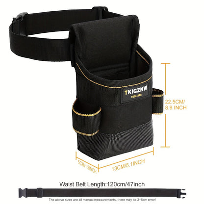 Black Tool Belt Pouch with Adjustable Waist Strap, Zipper Pocket and Multi-Compartment Layout