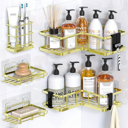 Five-Piece Corner Shower Caddy Set with Soap Holder and Four Removable Hooks in Seven Colors