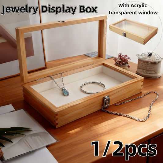 Jewelry Box, Wooden Drawer Display Organizer with Acrylic Window and Buckle Lock in One- or Two-Piece Sets