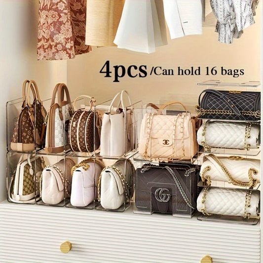 Purse Organizer for Closet 4-Pack – Clear Plastic Bag Storage Divider Shelf, Handbag Holder for Wardrobe, Bedroom, Dormitory, Holds 8–16 Bags
