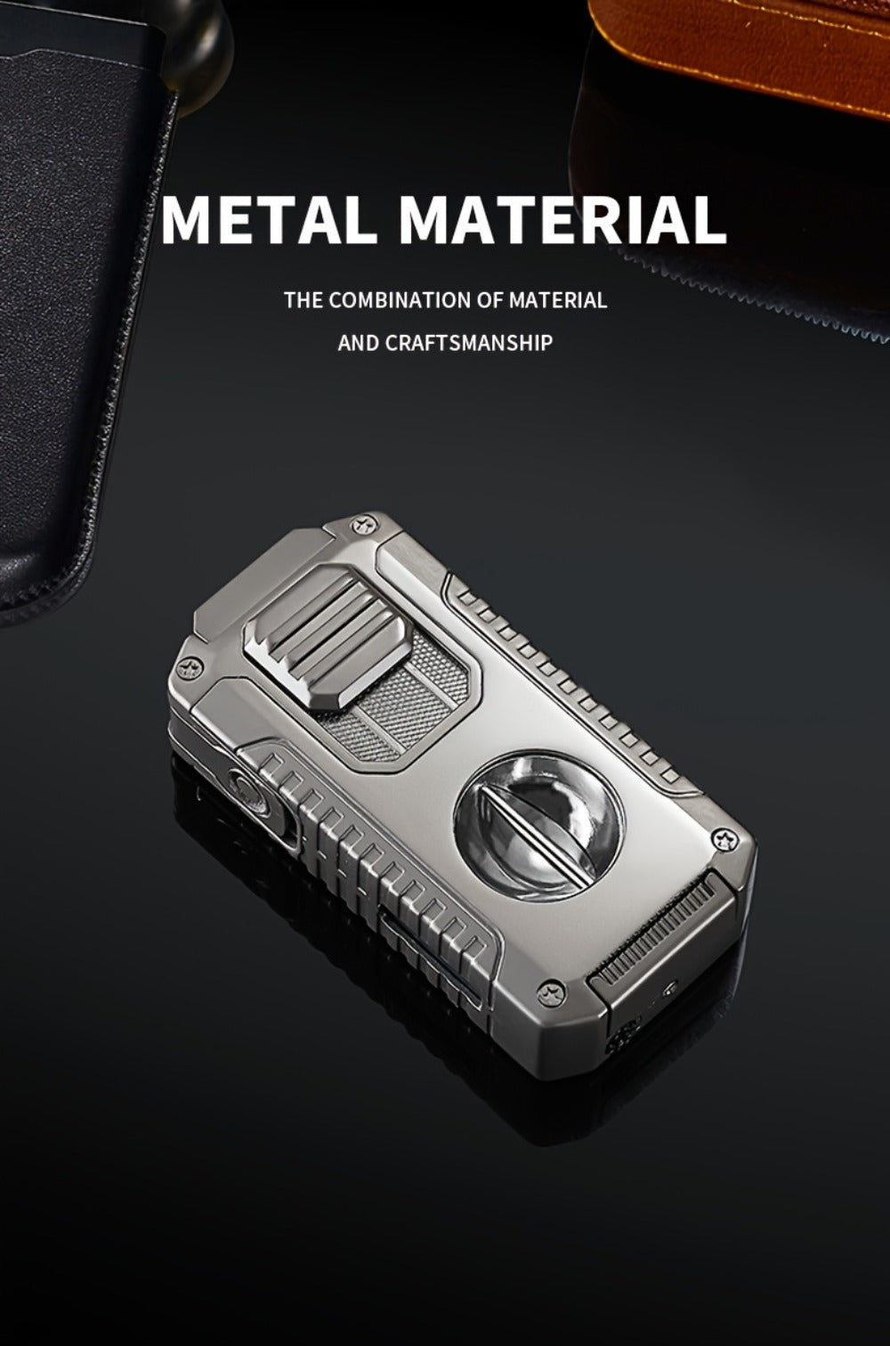 Three-Jet Refillable Butane Lighter with Fuel Window, Cigar Cutter, Punch and Needle Tools