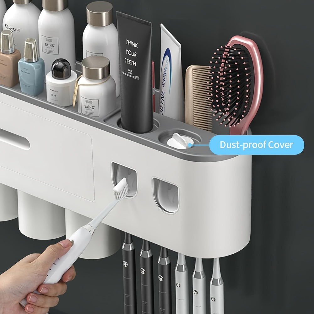 Wall-Mounted Toothbrush Organizer with Dispenser, Side Brush Stand and Two- or Three-Cup Options