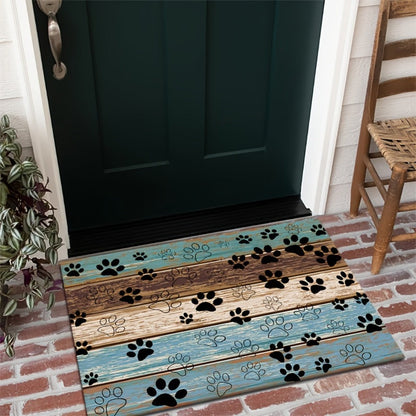 Cat Paw Print Door Mat with Blue and Brown Wood-Look Bands in Three Rectangular Entryway Sizes