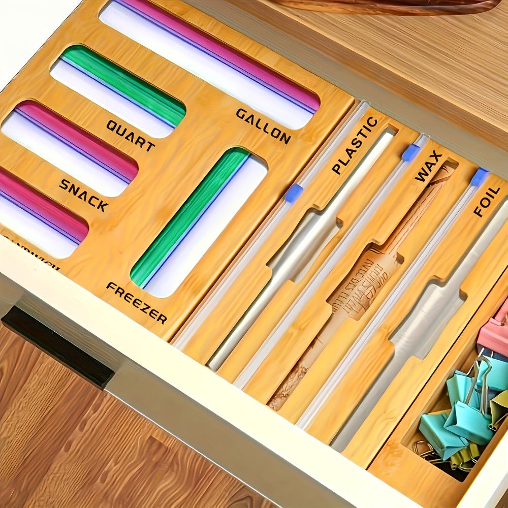 Bag Organizer Box 9-in-1 Kitchen Wrap & Foil Drawer Organizer, Compatible with Gallon Quart Sandwich Snack Bags
