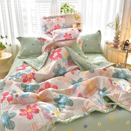 Floral Three-Piece Thin Quilt Set with Two Pillowcases, Twin to King Sizes and Three Printed Styles