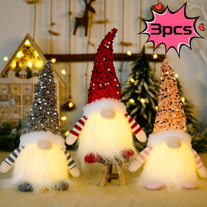 Three-Piece Holiday Gnome Figurine Set with Sequined Hats and Two Pictured Color Assortments