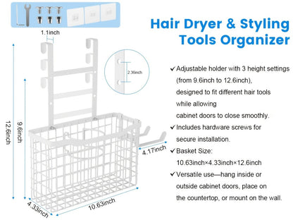 Hair Tool Organizer Wall Mounted Holder for Hair Dryer Curling Iron Straightener 3 Adjustable Heights Bathroom Storage