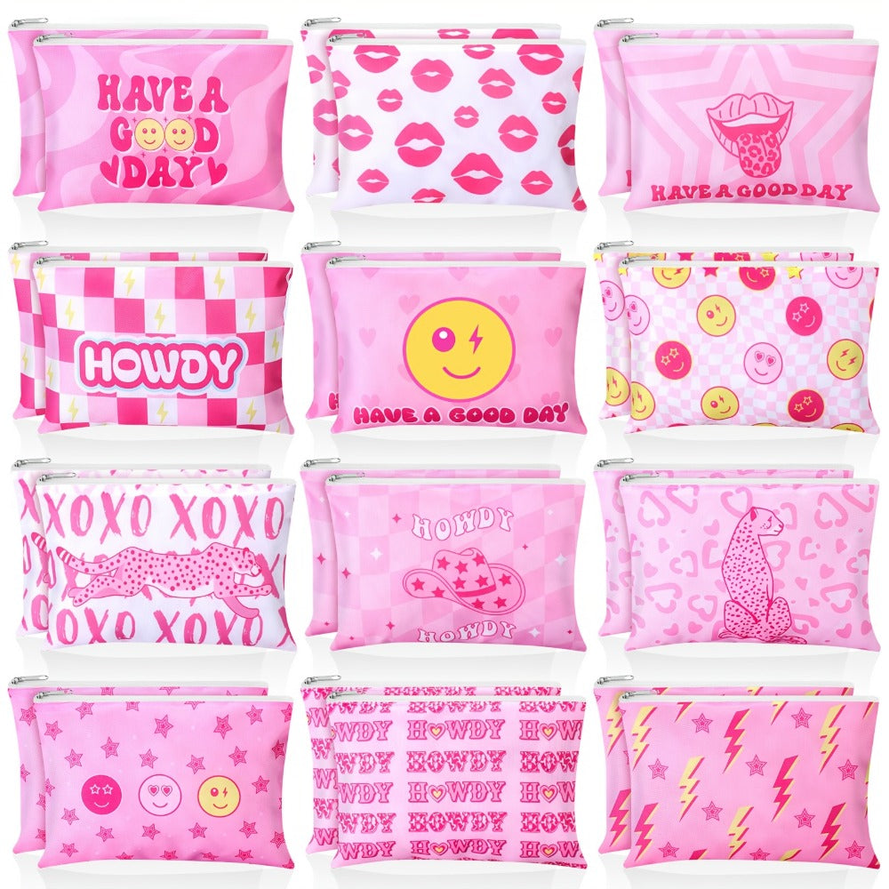 Bulk 24-Piece Pink Cosmetic Pouch Set with Mixed Western-Style Prints and Top Zipper Closures