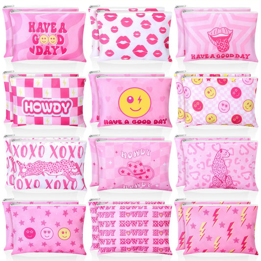 Bulk Cosmetic Bags 24-Pack Pink Howdy Western Zipper Makeup Pouches Party Favor Set for Women Girls Birthday Bachelorette Bridal Shower Travel Toiletry Organizer Gift
