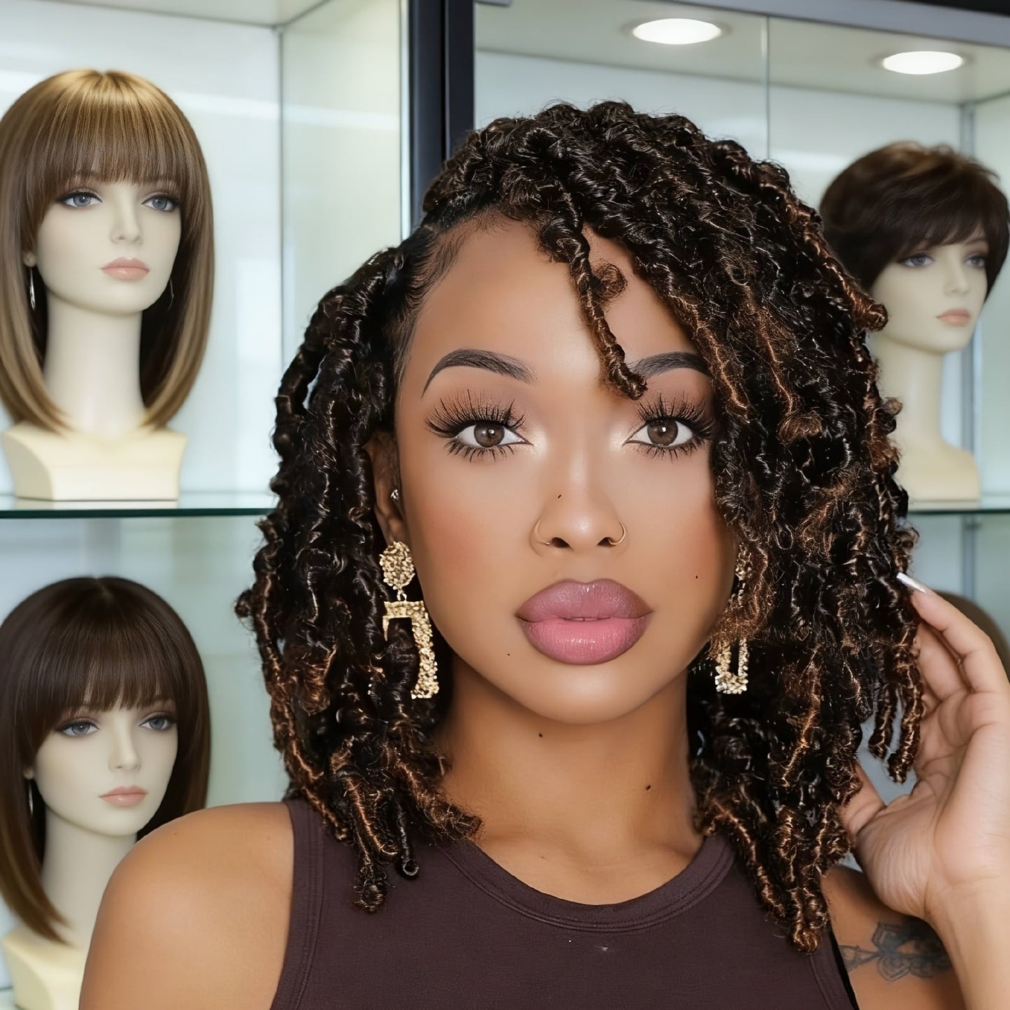 Synthetic Wig 12-Inch Goddess Faux Locs Headband Style with Curly Ends in Three Colors for Festivals