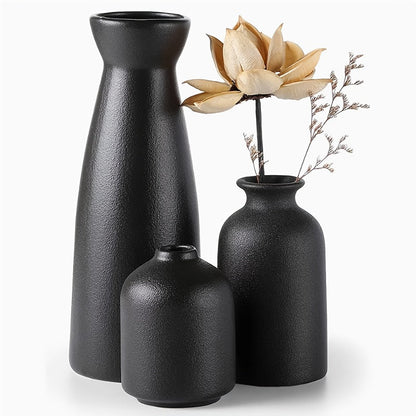 Boho Ceramic Vase Set 3pcs - Matte Nordic Minimalist Geometric Floral Design for Home Decor, Living Room, Entryway, Bookshelf & Bathroom Vanity, Modern Bohemian Decorative Vases, Holiday Gift