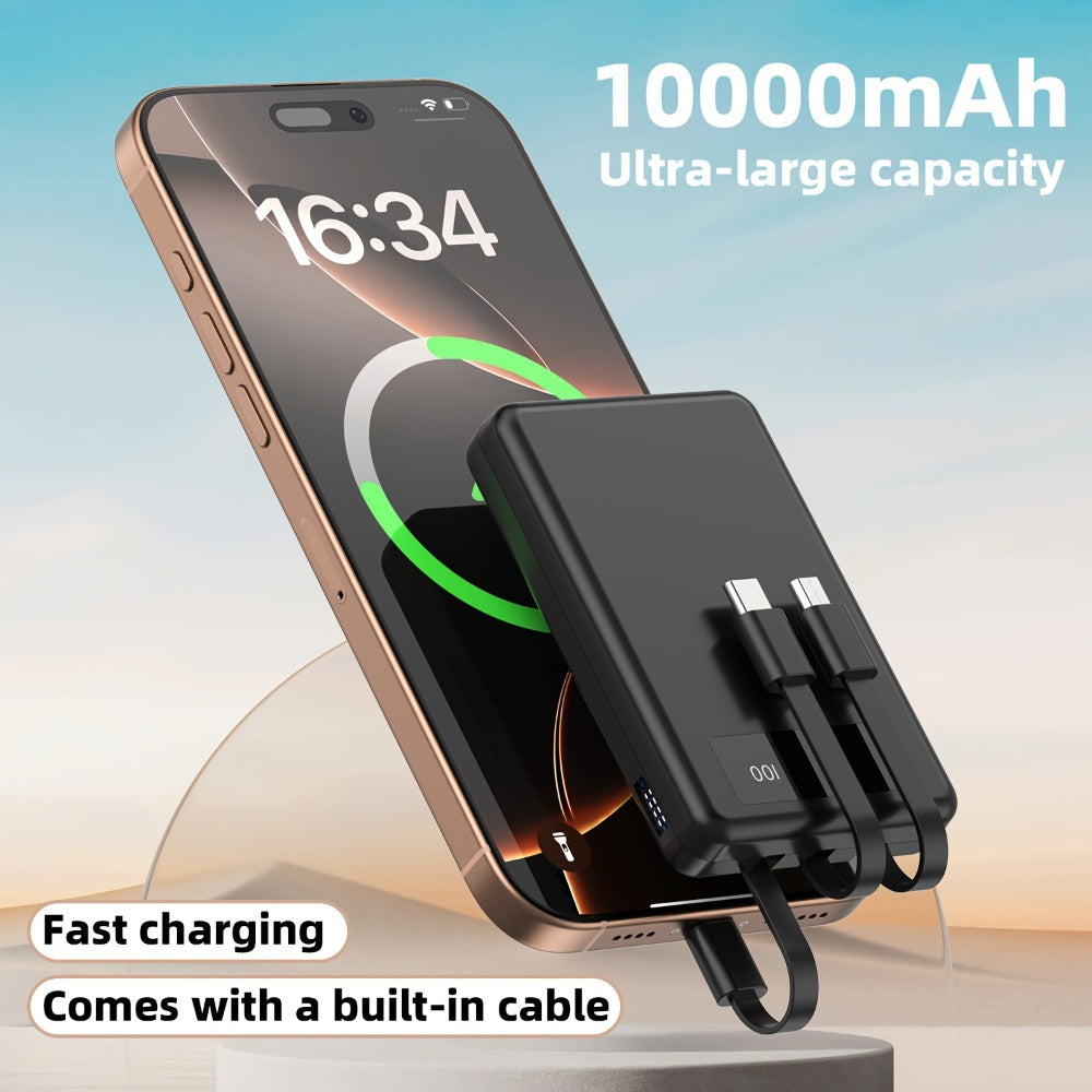 Slim Power Bank 5000mAh / 10000mAh with Built-in USB-C Cable, Charges 4 Devices Simultaneously, LED Indicator – Ultra-Compact Portable Charger for iPhone, Android, Travel, Everyday Carry