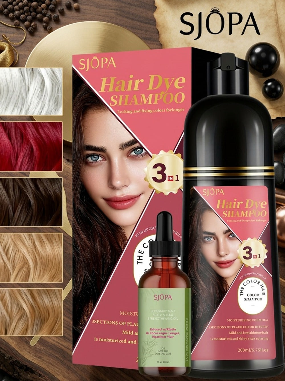 Hair Color Shampoo, SJOPA 3-in-1 Bottle-and-Dropper Set with 10 Rose, Brown, Purple and Black Color Options