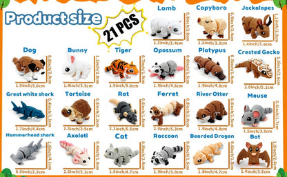 3D Printed Animal Figurines Set 21pcs, Mini Movable Joints Realistic Collectible Animal Statues for Adults