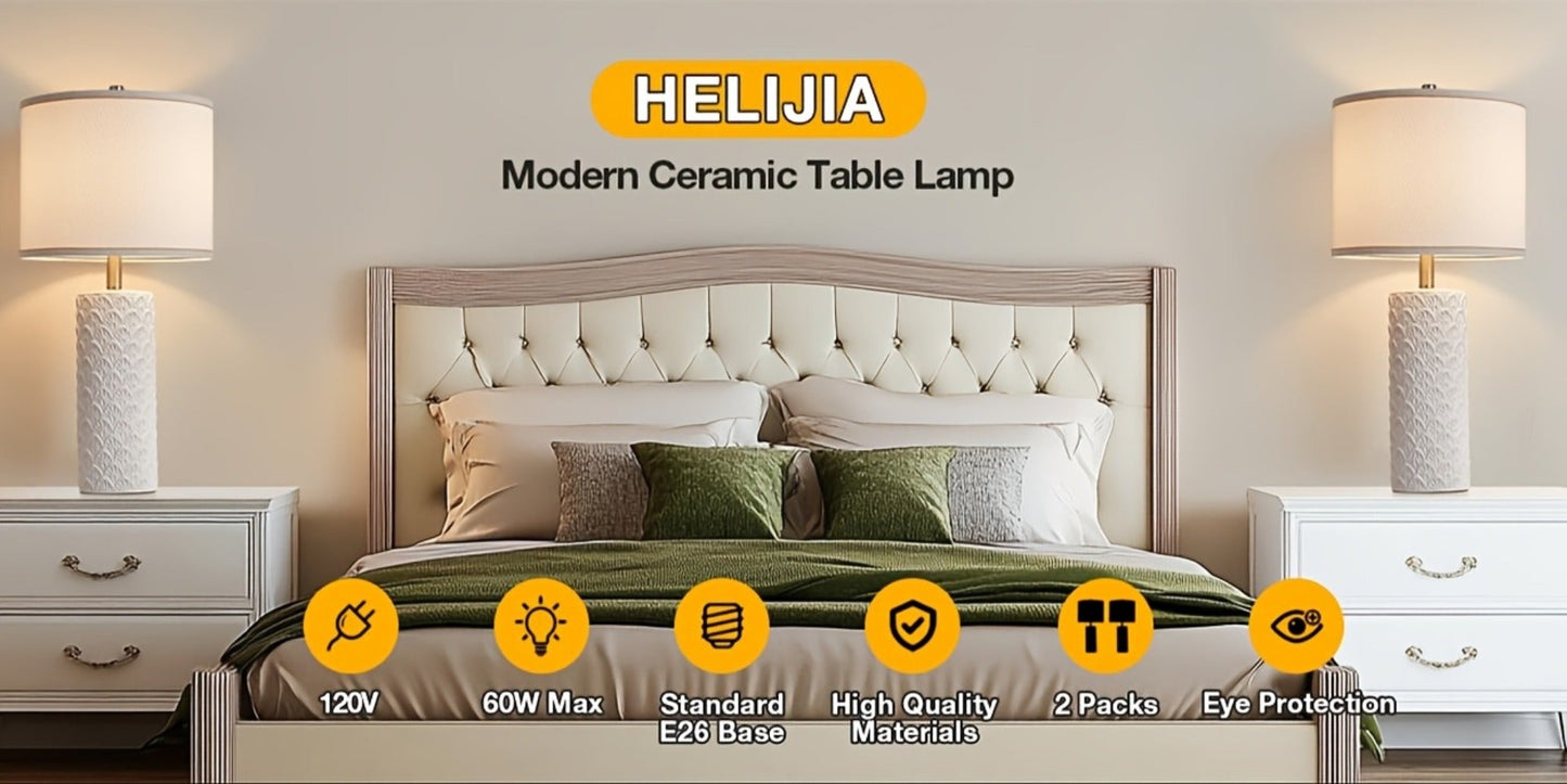 Ceramic Table Lamp – Modern Farmhouse Bedside Lamp with Drum Shade, 3 Color Temperature, Knob Switch, 9W LED Bulb Included, Rustic Nightstand Desk Light for Bedroom Living Room Office Dorm (Multiple Colors)