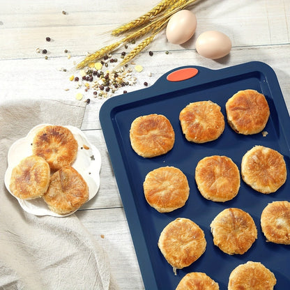 Silicone Baking Pans Set 4-Piece – Nonstick Bakeware with Metal Reinforced Frame, Includes Baking Sheet, Cookie Sheet & Cake Pan with Grips, Oven Safe, Easy Release – Navy Blue & Light Gray