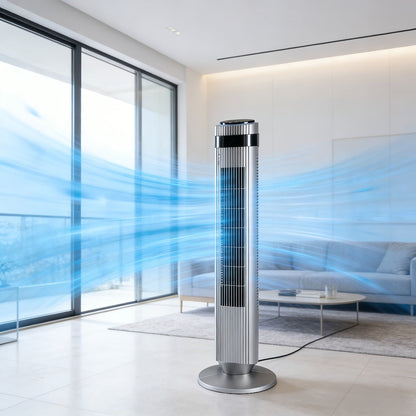 Floor-Standing Tower Fan with Circular LED Display, 7.68-Inch Base and Black, White or Gray Finish