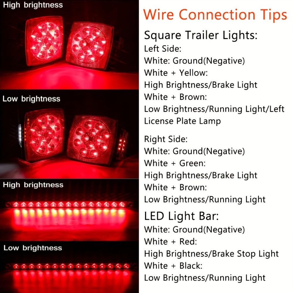 LED Trailer Light Kit with Wire Harness – Tail Lights, Amber Marker Lights & Brake ID Bar, 12V, Fits Boat Trailer Camper Truck Snowmobile Semi