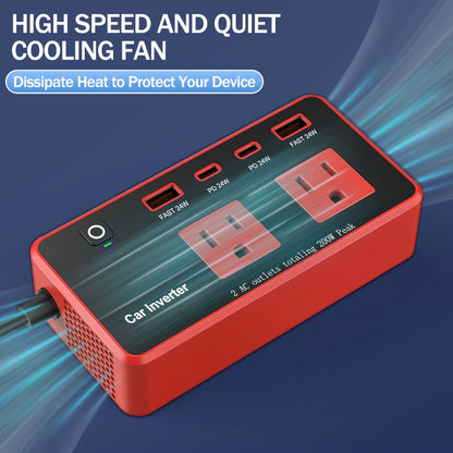 Car Power Inverter 200W - 12V DC to 110V AC, 4 USB Ports (PD & QC 3.0), Fast Charging Car Outlet Adapter for Road Trips, Camping & Vehicle Use