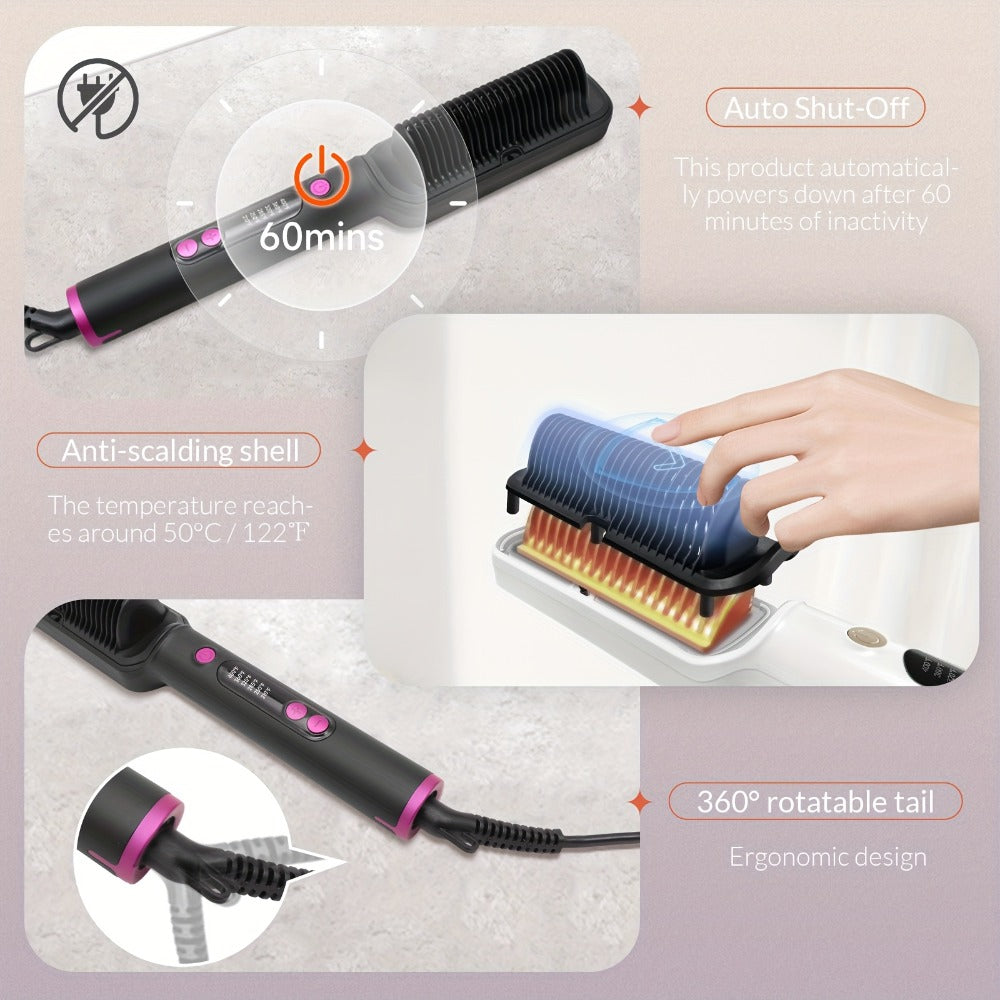 Ionic Hair Straightener Brush Anti-Scald – Precise Temperature Control Auto Shut-Off Straightening Comb Flat Iron for Women All Hair Types – Rose Gold, Black, Gift for Her
