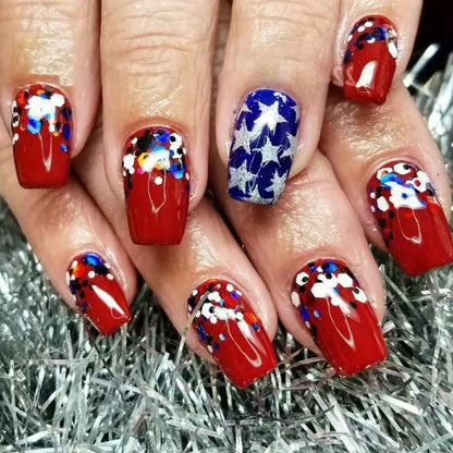 Press On Nails 216-Piece Medium Coffin Nine-Pack Red White Blue Stars and Stripes Patriotic Set