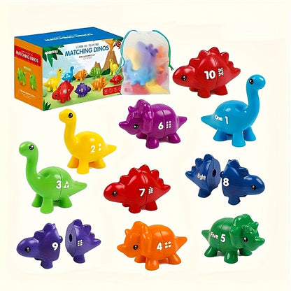 Dinosaur Number Matching Toy for Toddlers — 10 Pairs Retractable Plug-In Counting Sorting Math Game with Storage Bag, Montessori STEM Learning Gift for Boys Girls Ages 1-3, Birthday Easter Christmas