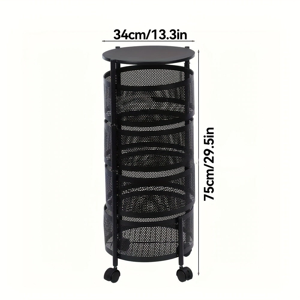 Round-Basket Rolling Storage Rack with Four or Five Mesh Levels, Caster Base and Black or White Finish