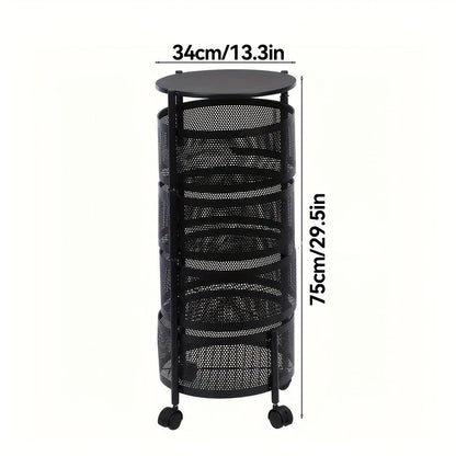 Round-Basket Rolling Storage Rack with Four or Five Mesh Levels, Caster Base and Black or White Finish